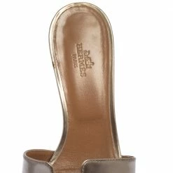 Hermes Metallic Beige Patent Leather Oasis Block Heel Slide Sandals Size 38 For Women -Deals Hermes Store luxury women hermes used shoes p479078 002