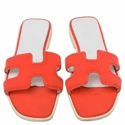 Hermes Orange/White Fabric Oran Flat Sandals Size 39.5 For Women -Deals Hermes Store luxury women hermes used shoes p482239 006