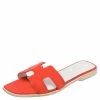 Hermes Orange/White Fabric Oran Flat Sandals Size 39.5 For Women