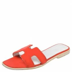 Hermes Orange/White Fabric Oran Flat Sandals Size 39.5 For Women