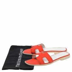 Hermes Orange/White Fabric Oran Flat Sandals Size 39.5 For Women -Deals Hermes Store luxury women hermes used shoes p482239 008