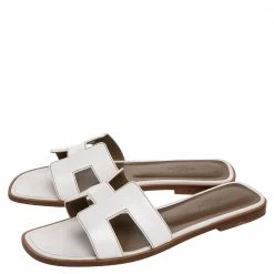 Hermes White Leather Oran Flat Sandals Size 38.5 For Women -Deals Hermes Store luxury women hermes used shoes p483353 005