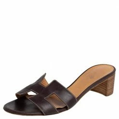 Hermes Dark Brown Leather Oasis Slide Sandals Size 38.5 For Women