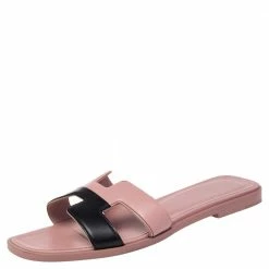 Hermes Pink/Black Leather Oran Flat Slide Size 35.5 For Women