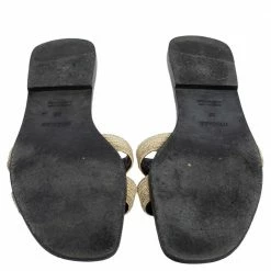 Hermes Cream Embroidered Fabric Oran Flat Slides Size 39 For Women -Deals Hermes Store luxury women hermes used shoes p485742 003