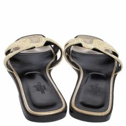 Hermes Cream Embroidered Fabric Oran Flat Slides Size 39 For Women -Deals Hermes Store luxury women hermes used shoes p485742 008