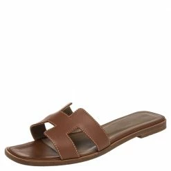 Hermes Brown Leather Oran Flat Slides Size 36.5 For Women