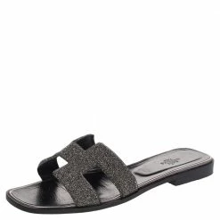 Hermes Black Glitter Oran Sandals Size 40 For Women
