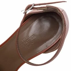 Hermes Brown Leather Legend Ankle Strap Wedge Sandals Size 38 For Women -Deals Hermes Store luxury women hermes used shoes p487791 002