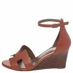 Hermes Brown Leather Legend Ankle Strap Wedge Sandals Size 38 For Women -Deals Hermes Store luxury women hermes used shoes p487791 006