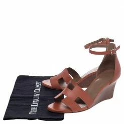 Hermes Brown Leather Legend Ankle Strap Wedge Sandals Size 38 For Women -Deals Hermes Store luxury women hermes used shoes p487791 009