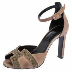 Hermes Beige Suede Highlight Crystal Embellished Ankle Strap Sandals Size 38 For Women