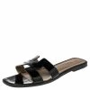 Hermes Black Patent Leather Oran Slide Flats Size 40.5 For Women