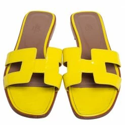 Hermes Yellow Patent Leather Oran Slide Flats Size 40.5 For Women -Deals Hermes Store luxury women hermes used shoes p490947 004