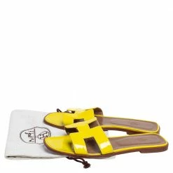 Hermes Yellow Patent Leather Oran Slide Flats Size 40.5 For Women -Deals Hermes Store luxury women hermes used shoes p490947 008