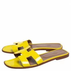 Hermes Yellow Patent Leather Oran Slide Flats Size 40.5 For Women -Deals Hermes Store luxury women hermes used shoes p490947 009