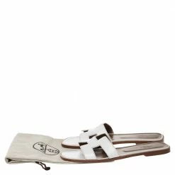 Hermes White Leather Oran Slide Flats Size 40.5 For Women -Deals Hermes Store luxury women hermes used shoes p490951 004