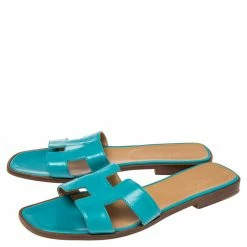 Hermes Blue Leather Oran Slide Flats Size 40.5 For Women -Deals Hermes Store luxury women hermes used shoes p490952 001