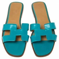 Hermes Blue Leather Oran Slide Flats Size 40.5 For Women -Deals Hermes Store luxury women hermes used shoes p490952 005