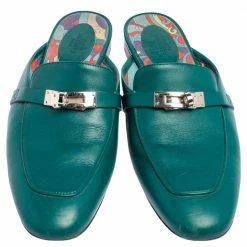 Hermes Green Leather Palladium Plated Oz Flat Mules Size 40 For Women -Deals Hermes Store luxury women hermes used shoes p491080 004