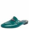 Hermes Green Leather Palladium Plated Oz Flat Mules Size 40 For Women