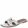 Hermes White Leather Studded Oran Flats Size 37.5 For Women