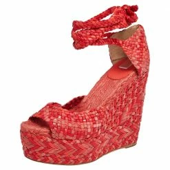 Hermes Red/Pink Leather And Suede Epice Tresse Espadrille Wedge Sandals Size 39 For Women