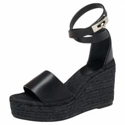 Hermes Black Leather Espadrille Tipoli Sandals Size 35 For Women