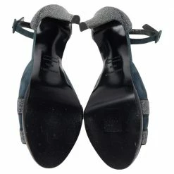 Hermes Blue Suede And Glitter Ankle Strap Sandals Size 38.5 For Women -Deals Hermes Store luxury women hermes used shoes p495017 009