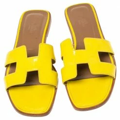 Hermes Yellow Leather Oran Flat Sandals Size 40 For Women -Deals Hermes Store luxury women hermes used shoes p495393 008