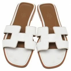 Hermes White Leather Oran Flats Sandals Size 37 For Women -Deals Hermes Store luxury women hermes used shoes p496917 005