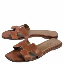 Hermes Brown Leather Oran Flats Size 37 For Women -Deals Hermes Store luxury women hermes used shoes p498594 005