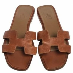 Hermes Brown Leather Oran Flats Size 37 For Women -Deals Hermes Store luxury women hermes used shoes p498594 008