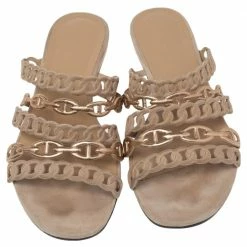Hermes Beige/Gold Suede D'ancre Chaine Flat Sandals Size 39 For Women -Deals Hermes Store luxury women hermes used shoes p498640 007