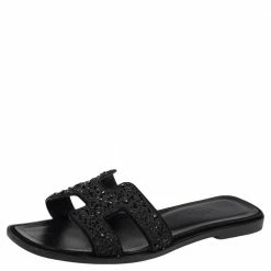 Hermes Black Suede Oran Crystal Embellished Sandals Size 37 For Women