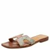 Hermes Beige Printed Canvas Oran Sandals Size 37 For Women -Deals Hermes Store luxury women hermes used shoes p499880 002