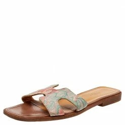 Hermes Beige Printed Canvas Oran Sandals Size 37 For Women