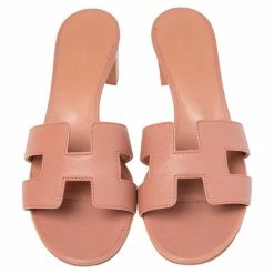 Hermes Rose Aube Epsom Leather Oasis Slide Sandals Size 37 For Women -Deals Hermes Store luxury women hermes used shoes p501292 005