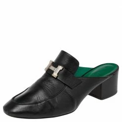 Hermes Black Leather Tuileries Block Heel Mules Size 38.5 For Women