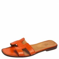 Hermes Orange Leather Oran Flat Slides Size 41 For Women