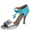 Hermes Turquoise/Silver Brogue Suede And Patent Leather Ankle Wrap Sandals Size 38 For Women
