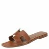 Hermes Gold Leather Oran Flat Slides Size 38 For Women
