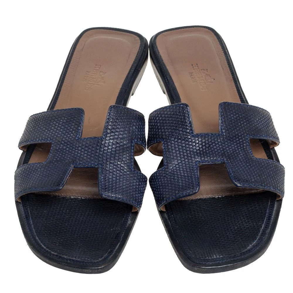 Hermes Navy Blue Textured Leather Oran Flats Size 35.5 For Women 5 Hermes Navy Blue Textured Leather Oran Flats Size 35.5 For Women - Image 3