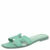 Hermes Green Leather Oran Flat Slides Size 36.5 For Women