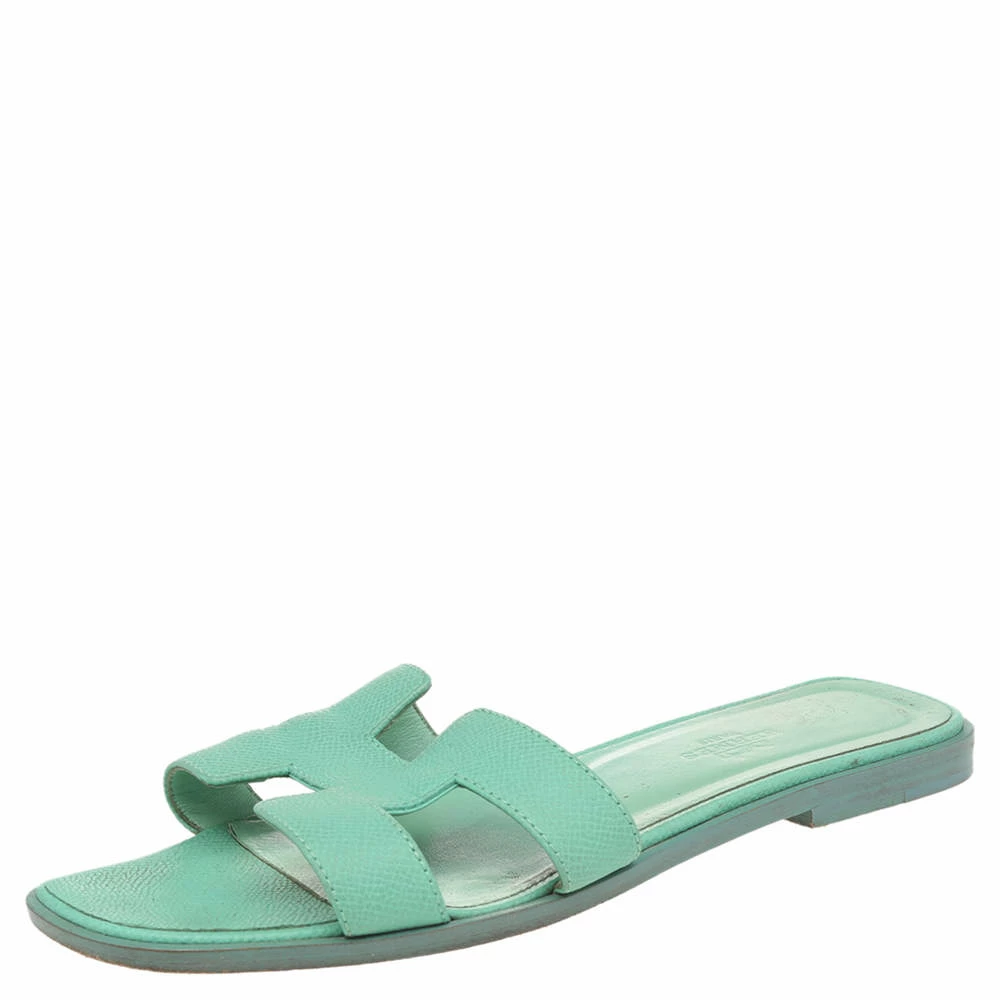 Hermes Green Leather Oran Flat Slides Size 36.5 For Women 3 Hermes Green Leather Oran Flat Slides Size 36.5 For Women