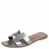 Hermes Silver Leather Oran Flats Sandals Size 39.5 For Women -Deals Hermes Store luxury women hermes used shoes p526507 002