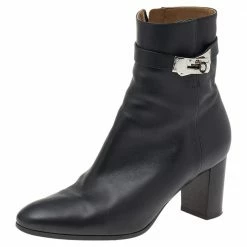 Hermes Black Leather Saint Germain Block Heel Ankle Boots Size 39 For Women
