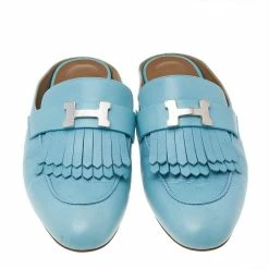 Hermes Blue Leather Rivoli Mules Size 39 For Women -Deals Hermes Store luxury women hermes used shoes p526599 004