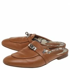 Hermes Brown Leather Leather Palladium Plated Oz Mules Size 39 For Women -Deals Hermes Store luxury women hermes used shoes p526712 002