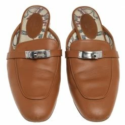 Hermes Brown Leather Leather Palladium Plated Oz Mules Size 39 For Women -Deals Hermes Store luxury women hermes used shoes p526712 005